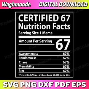 May include: A digital download graphic with a black background and white text. The design mimics a nutrition facts label, humorously listing "Awesomeness," "Randomness," "Chaos," "Memability," and "Rizz" at 67%. The top reads "CERTIFIED 67 Nutrition Facts."