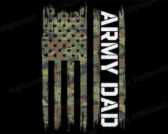 May include: Digital download graphic with an American flag design in camouflage and the text "ARMY DAD" in white. The design includes the text "SVG PNG DXF PDF EPS" at the bottom, and "DIGITAL DOWNLOAD" at the top.