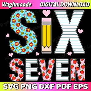 Könnte beinhalten: Digitaler Download-Grafik mit den Wörtern "SIX" und "SEVEN". Das "S" ist hellblau mit roten Blumen, das "I" ist ein gelber Bleistift und das "X" ist weiß mit blauen Linien. Das Wort "SEVEN" hat Apfel- und Linienmuster.
