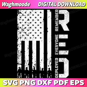 May include: A digital download graphic featuring a distressed American flag design in black and white. The flag includes the text "DEPLOYED EVERYONE REMEMBER" and the word "GRID" in large, bold letters. Silhouetted soldiers are at the bottom.