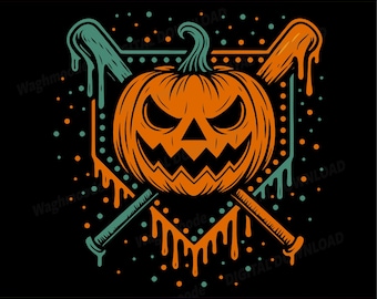 May include: A digital download graphic featuring a jack-o'-lantern with an angry face, crossed baseball bats, and dripping orange and teal accents. The image includes the text "SVG PNG DXF PDF EPS".