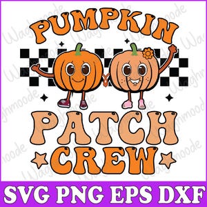 May include: A retro-style graphic with two smiling pumpkin characters and the words "PUMPKIN PATCH CREW" in orange. The design includes file type options: SVG, PNG, EPS, and DXF, perfect for autumn.