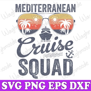 Könnte beinhalten: Ein blaues und weißes Grafikdesign mit dem Text "Mediterranean Cruise Squad" und einem Schiffsrad mit Anker. Das Design zeigt eine Sonnenbrille mit Palmen und Sonnenuntergang.