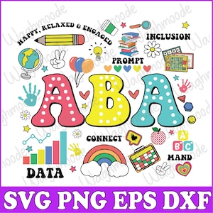 Puede incluir: Un gráfico colorido con las letras "ABA" en fuentes grandes y punteadas. La imagen incluye varios iconos educativos como un lápiz, libros, un globo terráqueo y un arcoíris. El texto incluye "Happy, Relaxed & Engaged", "Prompt", "Inclusion", "Data", "Connect", y "Mand".