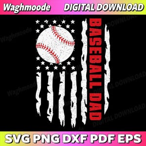 Könnte beinhalten: Ein digitaler Download-Grafik mit einem Baseball-Design. Das Design enthält einen Baseball, Sterne und Streifen in einem Used-Look, mit den Worten "BASEBALL DAD" in Rot. Das Bild ist vor einem schwarzen Hintergrund.