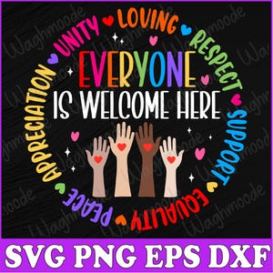 Puede incluir: Un gráfico circular colorido con las palabras "Todos son bienvenidos aquí" en el centro. El círculo está rodeado de palabras como "unidad", "amor", "respeto", "apoyo", "igualdad", "paz" y "apreciación".