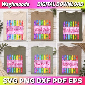 Preppy Back To School Crayon Svg Bundle,  Pink Gingham Stripes, Pre-K To Fourth Grade Design, First Day Of School, School Girl Png