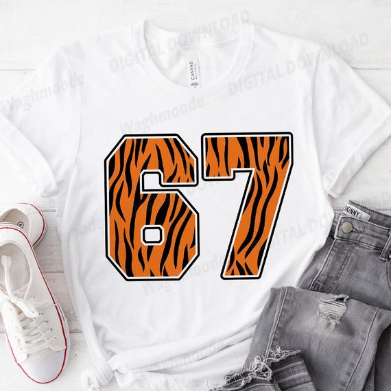 Number 67 in Orange Tiger Print Fanwear Sports Jersey Player Svg