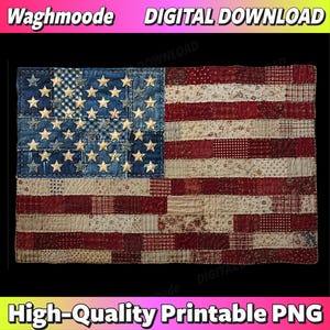 Könnte beinhalten: Ein Patchwork-Steppdecken-Design mit dem Muster der amerikanischen Flagge aus blauen, roten und cremefarbenen Stoffquadraten. Der blaue Bereich enthält helle Sterne, während die Streifen aus verschiedenen floralen, karierten und gepunkteten Stofftexturen bestehen.