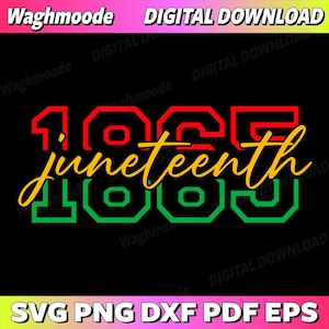 Può includere: Un design grafico digitale che presenta il testo 1865 in un carattere grassetto e squadrato con contorni rossi e verdi. La parola Juneteenth è scritta in un carattere corsivo giallo al centro. Lo sfondo è di colore nero pieno.