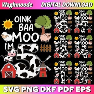 Könnte beinhalten: Ein digitaler Download mit einem Bauernhofthema. Das Design umfasst eine große Zahl 5 mit einem Kuhmuster, eine rote Scheune, eine Windmühle und den Text "OINK BAA MOO I'M". Das Bild zeigt auch ein Schwein, ein Schaf und eine Kuh.