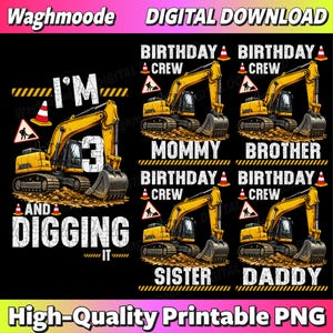 Könnte beinhalten: Ein digitales Grafikdesign mit gelben Baggern auf Erdhaufen, Baustellenkegeln und Texten wie I'M 3 AND DIGGING IT, BIRTHDAY CREW, MOMMY, BROTHER, SISTER und DADDY. Das Layout enthält gelbe und schwarze Warnstreifen für eine Baustellenoptik.