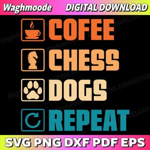 Puede incluir: Gráfico de descarga digital negro con las palabras "COFFEE, CHESS, DOGS, REPEAT". Cada palabra está emparejada con un icono relacionado: una taza de café, una pieza de ajedrez, una huella de pata y una flecha circular. También se incluyen opciones de tipo de archivo.