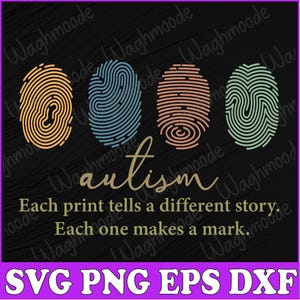 May include: A black background with the word "autism" in white text. Four colorful fingerprint designs are arranged in a row above the text. The text below the fingerprints reads "Each print tells a different story. Each one makes a mark."