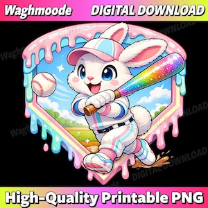 May include: Digital download featuring a cartoon bunny playing baseball. The bunny is wearing a baseball uniform and holding a rainbow-colored bat. A baseball is in the air. The image has text that says "Waghmoode DIGITAL DOWNLOAD" and "High-Quality Printable PNG".