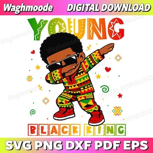 Könnte beinhalten: Digitaler Download-Grafik mit einer Cartoon-Illustration eines jungen Schwarzen, der dabbt, eine Sonnenbrille trägt und farbenfrohe, afrikanisch inspirierte Kleidung. Die Wörter "YOUNG" und "BLACK KING" werden zusammen mit "SVG PNG DXF PDF EPS" angezeigt.