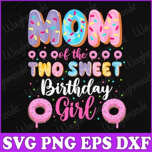 Könnte beinhalten: Eine rosafarbene und blaue Grafik zum Thema Donuts mit dem Text "Mom of the Two Sweet Birthday Girl".