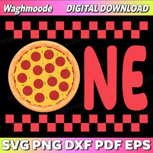 May include: A digital download graphic featuring a pepperoni pizza and the word "ONE" in red. The design includes a black background with red and white checkered borders and the text "SVG PNG DXF PDF EPS". The top text reads "Waghmoode DIGITAL DOWNLOAD".