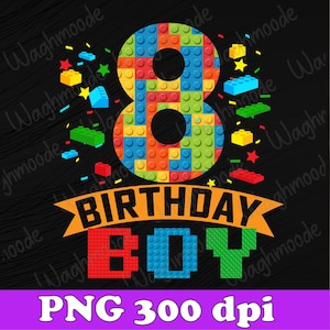 8-åriga byggklossar, 8-årsdagspojke, tegelbyggare, png, födelsedagsklossbygge, png, födelsedagspojke, direktnedladdning