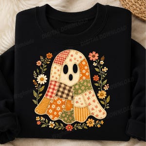 Patchwork Floral Ghost Png, Checkered Floral Boho Fall Png Design, Retro Ghost Png, Preppy Distressed Halloween Png, Trendy Viral Png