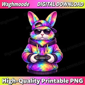 Könnte beinhalten: Digitaler Download eines bunten Kaninchens mit Sonnenbrille, umgedrehter Kappe und Batik-Hoodie, das einen Videospiel-Controller hält. Das Bild enthält den Text "DIGITAL DOWNLOAD" und "High-Quality Printable PNG".