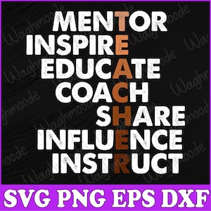 Könnte beinhalten: Ein schwarz-weißes Grafikdesign mit dem Wort "TEACHER" vertikal in braunen Buchstaben geschrieben. Die Wörter "MENTOR", "INSPIRE", "EDUCATE", "COACH", "SHARE", "INFLUENCE" und "INSTRUCT" sind horizontal in weißen Buchstaben geschrieben.