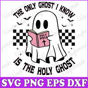 Op de afbeelding: Illustratie van een witte geest die een roze boek vasthoudt met het opschrift "Holy Bible" en een kruis. De tekst luidt "The Only Ghost I Know Is The Holy Ghost". Vleermuizen en sterren omringen de geest.