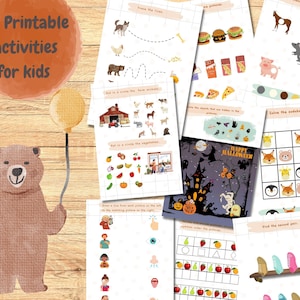 Może przedstawiać: Zestaw 37 drukowanych arkuszy z ćwiczeniami dla dzieci. Arkusze zawierają różnorodne ćwiczenia, w tym dopasowywanie, śledzenie i rozwiązywanie łamigłówek. Arkusze są ilustrowane kolorowymi obrazkami zwierząt, jedzenia i innych przedmiotów.