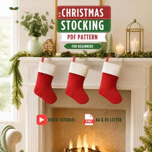 Modello facile per cucire una calza di Natale, decorazioni natalizie in PDF, tutorial video per principianti su come realizzare una calza di Natale fai da te, download immediato.