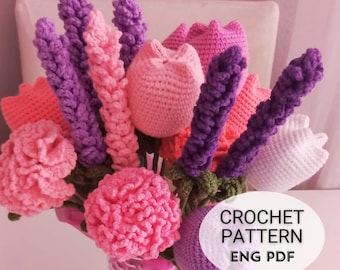 Crochet Flower Bouquet Pattern | Lavender, Tulip, Carnation (English PDF)