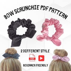 May include: A digital PDF pattern for making two different styles of scrunchies with bows. The pattern is beginner friendly and includes instructions for making a black and white polka dot scrunchie and a pink scrunchie.
