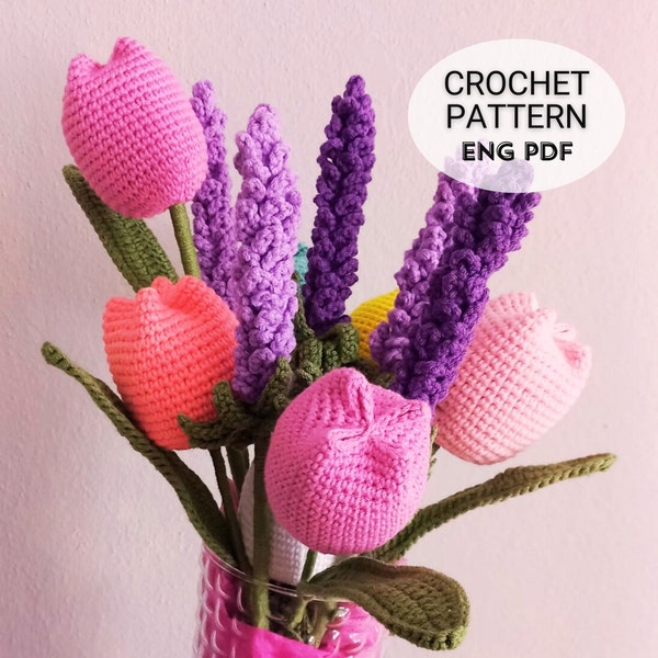 Bouquet de fleurs au crochet | Motif de fleurs au crochet facile | Lot de lavandes et de tulipes | Tutoriel facile à suivre | PDF anglais