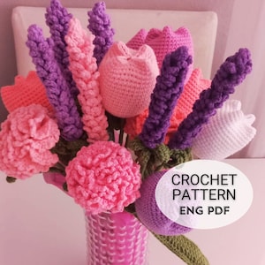 Schema per bouquet di fiori all'uncinetto 3 in 1 / Tutorial facile da seguire / Schema per bouquet di fiori all'uncinetto / Lavanda + Tulipano + Garofano / PDF in inglese