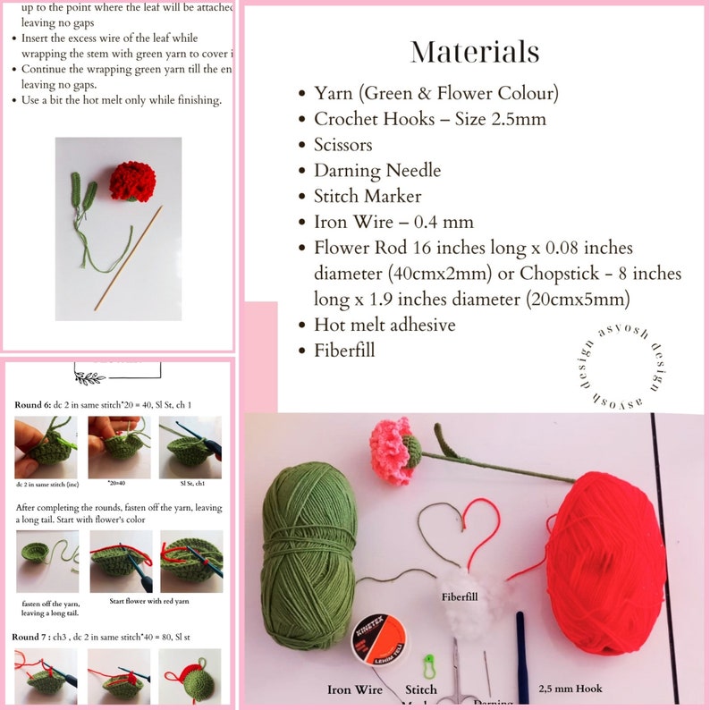May include: Materials needed to crochet a red carnation flower: green and red yarn, crochet hooks, scissors, a darning needle, a stitch marker, iron wire, a flower rod, a chopstick, hot melt adhesive, and fiberfill.  The image also shows a completed red carnation flower.