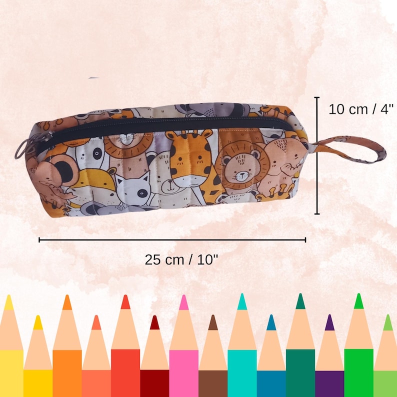 May include: A rectangular pencil case, 10 inches long and 4 inches high, featuring a colorful animal print. The design includes illustrations of lions, tigers, and other animals. The case has a black zipper and a small handle.