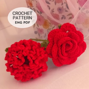 Peut inclure: Deux fleurs rouges crochetées, l'une ressemblant à une rose et l'autre à un œillet, avec des tiges vertes. Les fleurs sont sur une surface blanche avec le texte "CROCHET PATTERN ENG PDF" dans un cercle.