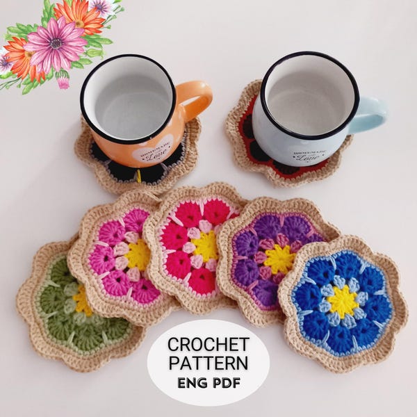 Crochet African Flower Coaster Pattern | DIY Coasters Crocheting Pattern | Easy Tutorial | English PDF