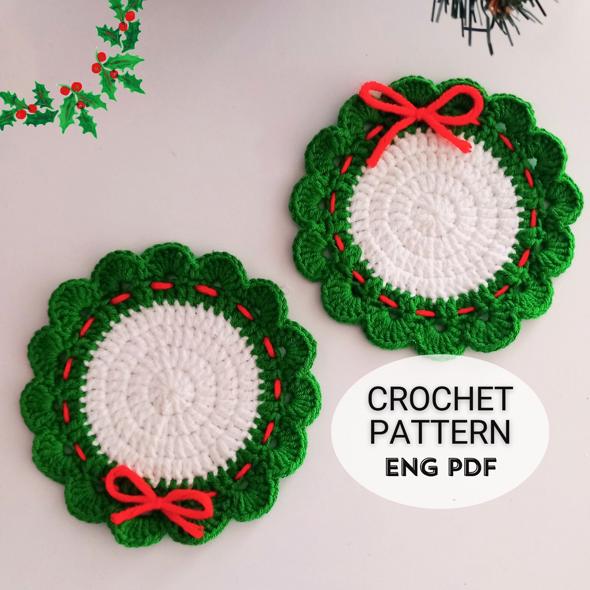 かぎ針編みのコースターのパターン | クリスマスリースコースター