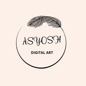 May include: Black and white logo with a feather design and the text "ASYOSH DIGITAL ART" in a circle.