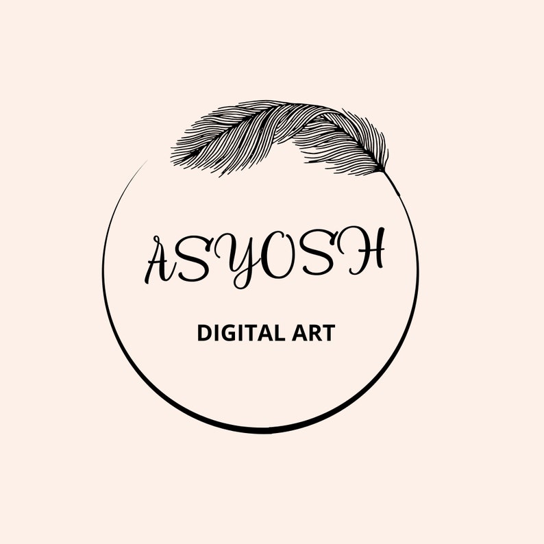 May include: Black and white logo with a feather design and the text "ASYOSH DIGITAL ART" in a circle.
