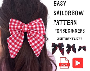 Hair Bow Pattern EASY For Beginners | Video Tutorial | 3 Sizes Fabric Sailor Bow Sewing Pattern | Small, Medium,Large | DIY Hair Accessories