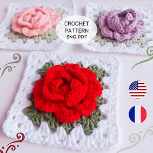 Crochet Rose Granny Square Pattern | 3D Flower (English and Français PDF Pattern) - Gift Blanket Bag Motif | Easy To Follow Tutorial