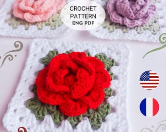 Crochet Rose Granny Square Pattern | 3D Flower Motif (English, Français PDF Pattern)