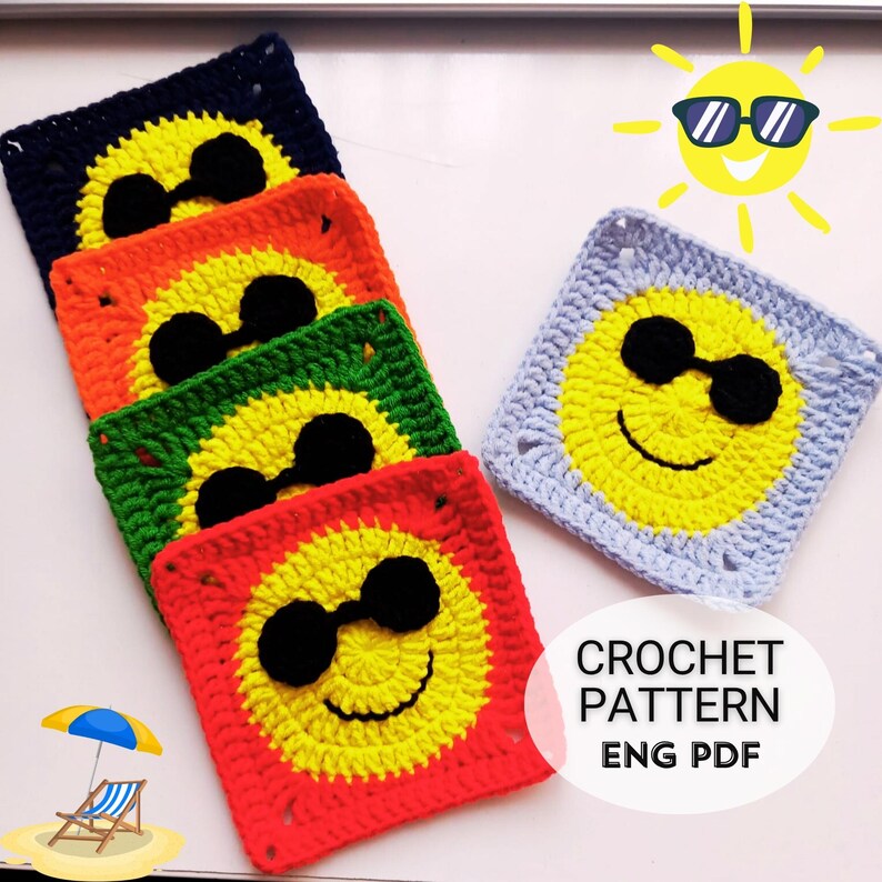 Crochet Smiley Face Granny Square Pattern: Summer DIY - Easy English ...