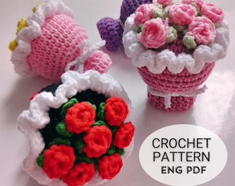 Crochet Flower Bouquet Keychain Pattern | EASY To Follow Tutorial | Flower Crochet Patterning | Crochet Rose Charm Handmade Gift English PDF