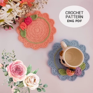 Crochet Coasters Pattern | Crochet Coaster with Roses | DIY Flower Cute Coaster Crochet Pattern | Handmade Gift Idea Tutorial Rose Coaster