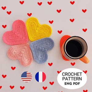 Crochet Heart Coaster Pattern: Easy DIY Tutorial (English and Français PDF) Valentine's Gift