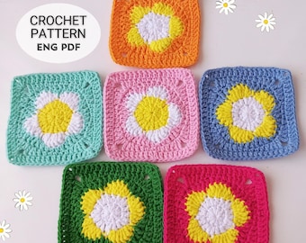 Flower Granny Square Crochet Pattern, Daisy Motif, Blanket Bag Coaster (PDF Download)