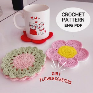 Modelli di sottobicchieri all'uncinetto 2 in 1 / Sottobicchieri con fiori e margherite / Sottobicchieri carini fai da te / Idea regalo fatta a mano / Tutorial facile da seguire / PDF in inglese