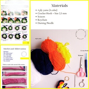 May include: A crafting image featuring four bundles of colorful yarn, a crochet hook, scissors, a keychain, and a darning needle. The image also includes instructions and abbreviations for crochet stitches, with examples of the stitches.